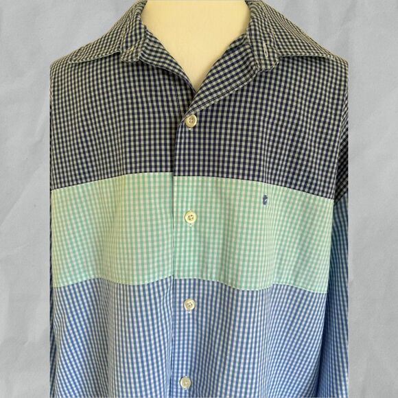 Men's Izod Shirt Long Sleeve Button Down Blue Teal Checkered Size LG - Picture 4 of 5